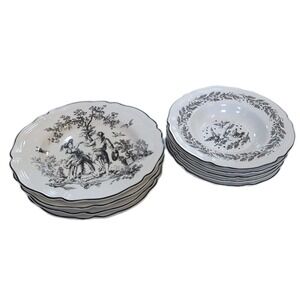 New England Toile Tabletops Unlimited Set of 5 Soup Bowls‎ & 4 Dinner Plates Lot